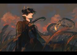  1boy absurdres arknights brown_background brown_hair brown_jacket brown_sky brown_theme chinese_commentary chong_yue_(alighting)_(arknights) chong_yue_(arknights) clouds cloudy_sky commentary_request dragon_boy dragon_horns dragon_tail earrings field floating_hair hair_over_eyes highres horns jacket jewelry long_hair long_sleeves low_ponytail male_focus outdoors pointy_ears shonoman sitting sky tail upper_body very_long_tail wind 