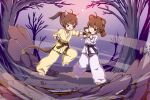  2girls ahoge animal_ears artist_name bare_tree barefoot bear_ears bear_girl belt black_belt brown_belt chinese_commentary clenched_hand commentary_request dougi dragon_girl fang full_body highres horns karate kuma-bound low_twintails martial_arts_belt medium_hair multiple_girls one_eye_closed open_mouth original outdoors pants red_eyes sweat tail tree twintails white_pants yellow_pants 