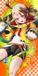  1girl absurdres ahoge bandaid bandaid_on_leg bike_shorts black_gloves black_shorts blue_footwear blush brown_hair clenched_hand fingerless_gloves gigi_murin gloves highres hololive hololive_english hood hoodie looking_at_viewer multicolored_hair open_mouth orange_hoodie pink_eyes sharp_teeth shirt shoes short_shorts shorts smile solo tail teeth two-tone_hair u_u2_12 upper_teeth_only virtual_youtuber white_shirt 