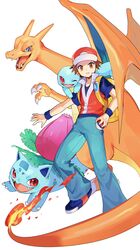  1boy absurdres backpack bag blue_eyes blue_pants brown_eyes brown_hair charizard claws colored_skin commentary fangs fire highres holding holding_poke_ball ivysaur male_focus one_eye_closed open_mouth orange_skin pants poke_ball poke_ball_(basic) pokemon pokemon_(creature) pokemon_frlg red_eyes red_hat short_hair simple_background squirtle super_smash_bros. tail v-shaped_eyebrows white_background wings yasaikakiage yellow_bag 