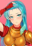  1girl aqua_eyes aqua_hair armor bangs_pinned_back breastplate closed_mouth earrings eirika_(fire_emblem) english_commentary fingerless_gloves fire_emblem fire_emblem:_the_sacred_stones forehead gloves hair_between_eyes highres jewelry long_hair looking_to_the_side red_background red_gloves red_shirt revolverwing shirt short_sleeves shoulder_armor sidelocks solo sweat 