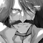  1boy black_hair bleach bleach:_sennen_kessen-hen close-up closed_mouth commentary_request eyelashes facial_hair hair_between_eyes highres lips looking_at_viewer monochrome mustache no_eyebrows nose old old_man ovasayuri solo straight-on sunken_cheeks twitter_username yhwach 