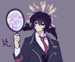  1boy black_coat black_eyes black_hair black_vest closed_mouth coat collared_shirt grey_background halo hand_mirror head_wings holding holding_mirror honkai:_star_rail honkai_(series) limbus_company long_sleeves mirror necktie project_moon red_necktie sang_yi_(project_moon) shawncoquillage shirt simple_background smile solo upper_body vest white_shirt wing_collar wings yi_sang_(project_moon) 