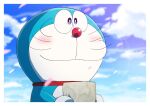  1boy artist_name blue_eyes blue_sky blush cherry_blossoms closed_mouth collar doraemon doraemon_(character) highres holding holding_photo looking_ahead male_focus masser0209 photo_(object) red_collar sky smile upper_body whiskers 