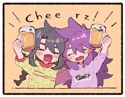  2boys alcohol beer beer_mug black_hair blush braid character_request closed_eyes cup drawstring fang holding holding_cup hood hoodie long_hair luo_xiaohei_zhanji male_focus mug multiple_boys nploser open_mouth purple_hoodie sidelocks simple_background skin_fang smile sweater yellow_background yellow_sweater 