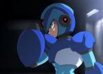  1boy android arm_cannon armor artist_name blue_armor blue_helmet energy_gun english_commentary forehead_jewel from_side green_eyes helmet highres indoors looking_at_viewer male_focus mega_man_(series) mega_man_x_(series) rockmangrave serious shoulder_armor solo upper_body watermark weapon x_(mega_man) x_buster 