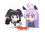  2girls animal_ears black_hair blue_archive blue_necktie closed_mouth collared_shirt dog_ears dog_girl expressionless eyewear_on_head floating_headgear food goggles goggles_on_head halo headgear hibiki_(blue_archive) highres ketchup kuroshiro1011 long_hair long_sleeves multiple_girls necktie pizza pizza_box purple_hair shirt simple_background twitter_username upp utaha_(blue_archive) violet_eyes white_background white_shirt yellow_halo 