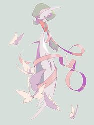  bound bound_arms bug butterfly colored_skin covered_eyes dress gardevoir green_background green_hair green_skin highres multicolored_skin mxlaghrsuk33yws pink_ribbon pokemon pokemon_(creature) ribbon simple_background two-tone_skin white_dress white_skin 