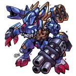  arm_cannon armor artist_logo blue_armor commission cwdw cyborg digimon digimon_(creature) gatling_gun highres looking_at_viewer metalgarurumon_x-antibody red_eyes sharp_teeth shoulder_cannon simple_background solo teeth weapon white_background wolf 