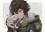  1boy ahoge bishounen brown_hair chibi commentary commentary_request feathered_wings fingerless_gloves flower gloves granblue_fantasy hair_between_eyes holding holding_chibi hood hood_down light_blush light_smile looking_at_another lucifer_(shingeki_no_bahamut) male_focus messy_hair musical_note red_eyes sandalphon_(granblue_fantasy) short_hair sketch spoken_musical_note tki turtleneck upper_body white_hair white_wings wings 