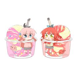  2girls :d blue_eyes blush bocchi_the_rock! bow brown_footwear brown_shirt chibi cube_hair_ornament cup disposable_cup double_scoop electric_guitar food gotoh_hitori gotoh_hitori_(octopus) green_eyes grey_skirt guitar hair_between_eyes hair_ornament hands_up ice_cream in_container in_cup instrument jacket kita_ikuyo long_hair long_sleeves multiple_girls nose_blush one_side_up pants pants_under_skirt pink_jacket pink_pants pleated_skirt rebecca_(keinelove) red_bow shirt shoes skirt smile track_jacket track_pants track_suit very_long_hair 