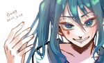  1girl absurdres aqua_eyes aqua_hair collarbone commentary dated facial_tattoo fingernails gang_attack_(vocaloid) grin hand_up hatsune_miku highres long_hair looking_at_viewer sharp_teeth simple_background smile solo sunwestmt tagme tattoo teeth translated twintails upper_body vocaloid white_background 