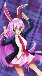 1girl animal_ears arms_up black_jacket blazer collared_shirt commentary cowboy_shot english_commentary hair_between_eyes highres jacket long_hair long_sleeves miniskirt necktie open_clothes open_jacket open_mouth pink_hair pink_skirt pleated_skirt rabbit_ears rabbit_girl red_eyes red_necktie reisen_udongein_inaba shirt skirt skullchimes smile solo standing touhou very_long_hair white_shirt 