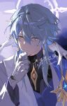  1boy closed_mouth earrings gloves grey_hair hair_between_eyes halo head_wings highres honkai:_star_rail honkai_(series) jewelry long_sleeves looking_at_viewer male_focus medium_hair qin_yang solo sunday_(honkai:_star_rail) white_gloves white_wings wings yellow_eyes 