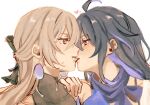  2girls ahoge biting biting_another&#039;s_lip black_hair black_shirt bronya_rand commentary_request earrings elan_ouo grey_eyes grey_hair hand_on_another&#039;s_shoulder heart highres honkai:_star_rail honkai_(series) jewelry kiss long_hair multicolored_hair multiple_girls parted_lips purple_hair seele_(honkai:_star_rail) shirt simple_background sleeveless sleeveless_shirt streaked_hair turtleneck turtleneck_shirt upper_body violet_eyes white_background yuri 