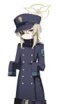  1girl absurdres aged_down belt black_belt black_coat blonde_hair blue_archive blue_eyes buttons closed_mouth coat double-breasted eyepatch hat high_collar highres long_sleeves looking_at_viewer medium_hair nord_(expc4752) oversized_clothes peaked_cap simple_background sleeves_past_fingers sleeves_past_wrists solo suou_(blue_archive) white_background 