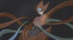  black_sclera blue_skin colored_sclera colored_skin commentary cowboy_shot dark_skin deoxys deoxys_(normal) fu04pk grey_background highres pokemon pokemon_(creature) solo tentacles yellow_eyes 