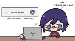  2girls android black_hair blue_eyes captcha computer elster_(signalis) english_text laptop multiple_girls signalis skyjacc storch_(signalis) sweat sweatdrop table 