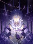  1girl animal bare_shoulders bead_bracelet beads bird bracelet closed_eyes detached_sleeves dress elbow_gloves facing_viewer falling_feathers feathers gloves halo head_wings highres honkai:_star_rail honkai_(series) jewelry lanshan_wei_jiao long_hair purple_background purple_dress purple_hair robin_(honkai:_star_rail) single_hair_intake smile solo sparkle straight-on strapless strapless_dress two-tone_dress upper_body wavy_hair white_bird white_dress white_gloves wings 