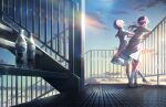  against_railing aqua_footwear aqua_neckerchief blue_sky bob_cut bottle clouds covered_eyes dress floating_hair game_cg gradient_sky green_sky grey_hair hair_ornament hasu_no_sora_school_uniform highres in-universe_location inverted_bob leg_up lens_flare link!_like!_love_live! loafers long_hair love_live! medium_dress multicolored_hair neckerchief official_art on_stairs open_mouth otomune_kozue pleated_dress purple_hair railing redhead sailor_collar sailor_dress school_uniform shoes short_hair short_sleeves side_ponytail sidelocks sky socks stairs standing standing_on_one_leg star_(symbol) star_hair_ornament streaked_hair summer_uniform third-party_source two-tone_footwear virtual_youtuber water_bottle white_dress white_footwear white_sailor_collar white_socks wide_shot yugiri_tsuzuri 