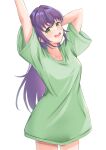 1girl :d absurdres breasts collarbone commentary cowboy_shot green_eyes green_shirt green_t-shirt hair_down highres ixianim large_breasts light_blush link!_like!_love_live! long_hair long_shirt looking_at_viewer love_live! open_mouth otomune_kozue oversized_clothes oversized_shirt puffy_short_sleeves puffy_sleeves purple_hair round_teeth shirt short_sleeves simple_background smile solo t-shirt teeth upper_teeth_only virtual_youtuber white_background