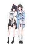  0-toki 2girls airi_(band)_(blue_archive) airi_(blue_archive) animal_ears bag black_choker black_footwear black_hair black_socks blue_archive blue_jacket blush bow bracelet brown_hair cat_ears choker clothes_around_waist colored_inner_animal_ears colored_inner_hair extra_ears full_body green_bow green_eyes green_halo hair_bow halo highres jacket jacket_around_waist jewelry kazusa_(band)_(blue_archive) kazusa_(blue_archive) kneehighs loafers long_sleeves mask mask_pull mouth_mask multicolored_hair multiple_girls official_alternate_costume open_clothes open_jacket open_mouth pink_eyes pink_hair pink_halo print_jacket print_shirt shirt shoes short_hair short_sleeves shoulder_bag simple_background skirt smile socks standing white_background white_shirt white_skirt white_socks wristband 