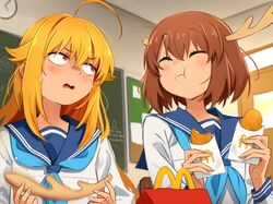  2girls :3 :t ^_^ ahoge antlers blonde_hair blue_neckerchief blue_sailor_collar blush brown_hair chalkboard closed_eyes english_commentary food happy_meal hash_browns highres holding holding_food horns indoors khyle. koshi_torako long_hair mcdonald&#039;s multiple_girls neckerchief open_mouth red_eyes sailor_collar school_uniform serafuku shikanoko_noko shikanoko_nokonoko_koshitantan short_hair upper_body 