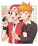  2boys :d blue_oak blush closed_eyes collared_shirt commentary_request grin happy hat highres holding_hands jacket long_sleeves male_focus mochi_(mocchi_p_2m) multiple_boys open_mouth plaid plaid_background pokemon pokemon_hgss red_(pokemon) red_hat red_vest shirt short_hair short_sleeves smile spiky_hair teeth upper_body upper_teeth_only v vest wristband 