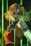  1girl ancient_greek_clothes asymmetrical_arms black_sclera blonde_hair bone colored_sclera dress glowing_arm greco-roman_clothes green_eyes green_lips hades_(series) hades_2 laurel_crown melinoe_(hades) mismatched_sclera orange_dress redhead see-through_body short_hair skeletal_arm smile solo useless_elf 