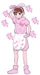  1boy :/ animal_ears apron black_hair brown_hair chilchuck_tims commentary_request dungeon_meshi fake_animal_ears full_body hairband hand_on_own_head hand_on_own_hip heart highres ke_zta male_focus onesie pink_footwear pink_hairband rabbit_ears shoes solo waist_apron wrist_cuffs 