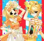  1boy 1girl absurdres alternate_costume apron black_eyes black_necktie blonde_hair blue_background breasts buttoned_cuffs buttons closed_mouth clouds collared_dress confetti crazy double-breasted dress gloves hair_ribbon hand_up highres hynn0x_x kagamine_len kagamine_rin looking_at_viewer medium_hair mesmerizer_(vocaloid) necktie one_eye_closed open_mouth orange_dress orange_shirt pinstripe_dress pinstripe_pattern ribbon sharp_teeth shirt short_hair short_sleeves small_breasts standing striped_clothes striped_shirt suspenders sweat teeth tongue tongue_out upper_body visor_cap vocaloid waist_apron white_apron wrist_cuffs yellow_gloves 