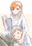  2girls =_= bad_id bad_twitter_id blush book bullfalk closed_mouth green_pants grey_hair headphones headphones_around_neck holding holding_book hood hoodie lap_pillow light_frown long_hair love_live! love_live!_superstar!! multiple_girls open_mouth orange_background orange_hair pants parted_bangs partially_colored shibuya_kanon short_hair tang_keke two-tone_background violet_eyes white_background white_headphones white_hoodie 