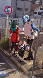  54kmlikeuniform anya_(spy_x_family) bag black_hair blonde_hair chain-link_fence covering_face family father_and_daughter fence food google_maps google_street_view high_school_girls_posing_for_google_street_view_(meme) highres holding holding_bag holding_food holding_stuffed_toy long_hair long_sleeves looking_at_viewer meme mother_and_daughter multiple_girls outdoors overhead_line peanut photo_background raised_curb road_sign shirt short_hair sidewalk sign skirt smile spy_x_family standing standing_on_one_leg stuffed_animal stuffed_penguin stuffed_toy sunglasses tactile_paving toy_robot twilight_(spy_x_family) v yor_briar 