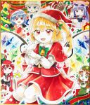  6+girls alternate_costume bat_wings black_skirt black_vest blonde_hair blue_eyes blue_hair blue_skirt blue_vest blunt_bangs book bow bowtie box brown_hair cake christmas christmas_ornaments christmas_present christmas_stocking christmas_tree closed_mouth crescent crescent_hat_ornament crystal dress flandre_scarlet food gift gift_box green_bow green_bowtie green_eyes green_hat grey_hair hat hat_ornament head_wings highres holding holding_book hong_meiling izayoi_sakuya juliet_sleeves koakuma light_smile long_sleeves maa_(forsythia1729) maid maid_headdress marker_(medium) medium_hair mob_cap multicolored_wings multiple_girls one_side_up open_mouth patchouli_knowledge pink_dress pink_hat pink_shirt pink_skirt pointy_ears puffy_sleeves purple_hair red_eyes red_hat red_ribbon red_skirt redhead remilia_scarlet ribbon santa_hat shirt skirt skirt_set star_(symbol) star_hat_ornament strawberry_cake striped_clothes striped_dress teeth touhou traditional_media upper_teeth_only v-shaped_eyebrows vertical-striped_clothes vertical-striped_dress vest violet_eyes white_shirt wide_sleeves wings yellow_ribbon 