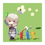  1boy blue_pikmin chibi crossover detached_sleeves fingerless_gloves flag gloves gnosia hair_between_eyes male_focus pikmin_(creature) pikmin_(series) pikmin_1 red_pikmin remnan_(gnosia) rikinako380 short_hair simple_background violet_eyes yellow_pikmin 
