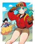  1boy 1girl 333_(dqqqdle) baseball_cap blue_pants blue_shirt blush brown_gloves brown_shorts bulma character_name dragon_ball dragon_ball_(classic) flying_nimbus gloves green_eyes green_hair hat highres holding holding_weapon jacket long_hair long_sleeves one_eye_closed pants red_headwear red_jacket ruyi_jingu_bang shirt shorts sleeveless sleeveless_shirt son_goku spiky_hair tree weapon white_shirt 