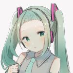  1girl alternate_hairstyle blue_eyes blush collared_shirt green_hair hair_ornament hatsune_miku headphones holding holding_own_hair long_hair looking_to_the_side necktie open_mouth shirt short_bangs sketch sleeveless sleeveless_shirt solo suiren_nei twintails vocaloid 