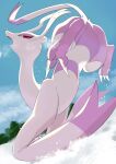  blue_sky day highres looking_at_viewer mamire_(ekcdayo) mienshao no_humans open_mouth outdoors pink_fur pokemon pokemon_(creature) red_eyes sky snow two-tone_fur white_fur 