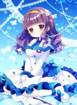  1girl between_legs blue_background blue_bow blush bow breasts brown_eyes brown_hair capelet chain collar commentary_request dress flower frilled_dress frills hair_flower hair_ornament hairband hand_between_legs higanbana_no_saku_yoru_ni highres kusunoki_midori long_hair looking_at_viewer medium_breasts parted_lips pleated_dress red_collar sakurazawa_izumi shoes sitting solo wariza white_capelet white_dress white_flower white_footwear yellow_hairband 