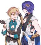  2boys :d adjusting_another&#039;s_eyewear annoyed aventurine_(honkai:_star_rail) bare_shoulders black_gloves blonde_hair blue_hair cleavage_cutout clothing_cutout dr._ratio_(honkai:_star_rail) earrings eyewear_on_head fur_scarf gloves hair_ornament highres honkai:_star_rail honkai_(series) jewelry male_focus multiple_boys muscular muscular_male noritaira open_mouth pectoral_cleavage pectorals side_cutout simple_background sleeveless smile sunglasses violet_eyes white_background 