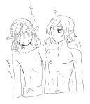  2boys ? age_comparison bags_under_eyes blush dungeon_meshi elf kabe_piko looking_at_another male_focus medium_hair mithrun monochrome multiple_boys navel nipples notched_ear one_eye_closed open_mouth pointy_ears short_hair simple_background sketch skinny surprised sweatdrop time_paradox topless_male upper_body white_background 