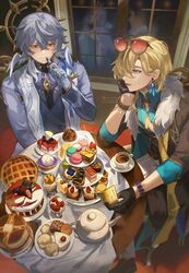  2boys aqua_shirt aventurine_(honkai:_star_rail) black_gloves blonde_hair bracelet cake cake_slice collared_shirt cup earrings eyewear_on_head food fur_trim gloves grey_hair hair_between_eyes halo head_wings highres holding holding_food honkai:_star_rail honkai_(series) indoors jewelry long_sleeves male_focus multiple_boys shirt short_hair sitting sunday_(honkai:_star_rail) tea teacup teapot tinted_eyewear watch watch white_gloves wings yaoyaobae yellow_eyes 