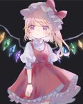  1girl ascot bat_wings blonde_hair crystal flandre_scarlet hat hat_ribbon hiyuu_(hiyualice) mob_cap multicolored_wings one_side_up puffy_short_sleeves puffy_sleeves red_eyes red_skirt red_vest ribbon short_sleeves side_ponytail skirt skirt_set solo touhou upper_body vest white_hat wings yellow_ascot 