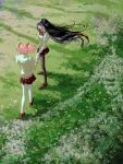  2girls absurdres akemi_homura baby&#039;s-breath back_bow black_eyes black_hair black_pantyhose black_skirt bow brown_footwear day facing_away field floating_hair flower from_behind grass green_flower hair_ribbon half-closed_eyes high_collar highres holding_hands hoseek jitome juliet_sleeves kaname_madoka loafers long_hair long_sleeves looking_at_another mahou_shoujo_madoka_magica mahou_shoujo_madoka_magica_(anime) mitakihara_school_uniform multiple_girls nature neck_ribbon orange_flower outdoors pantyhose pink_flower pink_hair pink_ribbon pleated_skirt puffy_sleeves red_flower ribbon school_uniform shadow shoes short_twintails sidelighting skirt standing straight_hair sunlight thigh-highs twintails very_long_hair white_flower white_thighhighs wide_shot zettai_ryouiki 