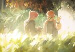  2boys black_jacket blonde_hair closed_eyes falling_leaves grass green_shirt hand_up high_ponytail highres jacket leaf limefruityummy long_hair long_sleeves minecraft_youtube multiple_boys outdoors parted_lips ph1lza pink_hair shirt smile technoblade tree upper_body white_jacket 