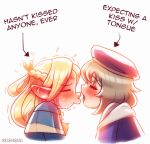  2girls artist_name bang_dacy blonde_hair blush braid chibi closed_eyes dungeon_meshi english_commentary english_text falin_touden grey_hair hasn&#039;t_kissed_anyone_ever_vs_expecting_a_kiss_with_tongue_(meme) hat imminent_kiss long_hair marcille_donato medium_hair meme multiple_girls puckered_lips simple_background sweat white_background yuri 