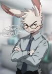  1boy absurdres animal_ears blurry blurry_background commentary crossed_arms english_commentary english_text furry glasses highres long_sleeves male_focus necktie open_mouth original rabbit_ears solo standing suit taro_bandit teeth thick_eyebrows upper_body watch watch white_hair 