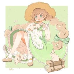  ankle_socks apron blonde_hair braid daisy dress flower green_background green_dress green_eyes green_theme happy hat head_wreath highres long_hair mary_janes open_mouth original quinoko rabbit shoes smile socks straw_hat sun_hat teeth twin_braids upper_teeth_only very_long_hair 