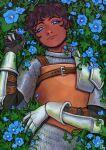  1boy armor blue_background blue_eyes blue_flower blue_pupils bright_pupils brown_hair closed_mouth dark-skinned_male dark_skin dungeon_meshi english_commentary flower gauntlets hand_up highres kabru lindriart long_sleeves looking_at_viewer lying male_focus on_back pauldrons short_hair shoulder_armor signature single_pauldron smile upper_body very_short_hair 