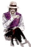  1boy absurdres beard between_fingers black_eyes black_hair black_pants cheekbones cigarette collared_shirt cropped_legs crossed_legs facial_hair fedora hand_on_lap hand_up hat highres holding holding_cigarette ikuhana_niiro kedouin_kazuki looking_at_viewer male_focus mustache pants purple_vest shirt short_hair simple_background sleeve_cuffs solo sunglasses trillion_game unfinished vest white_background white_hat white_shirt 